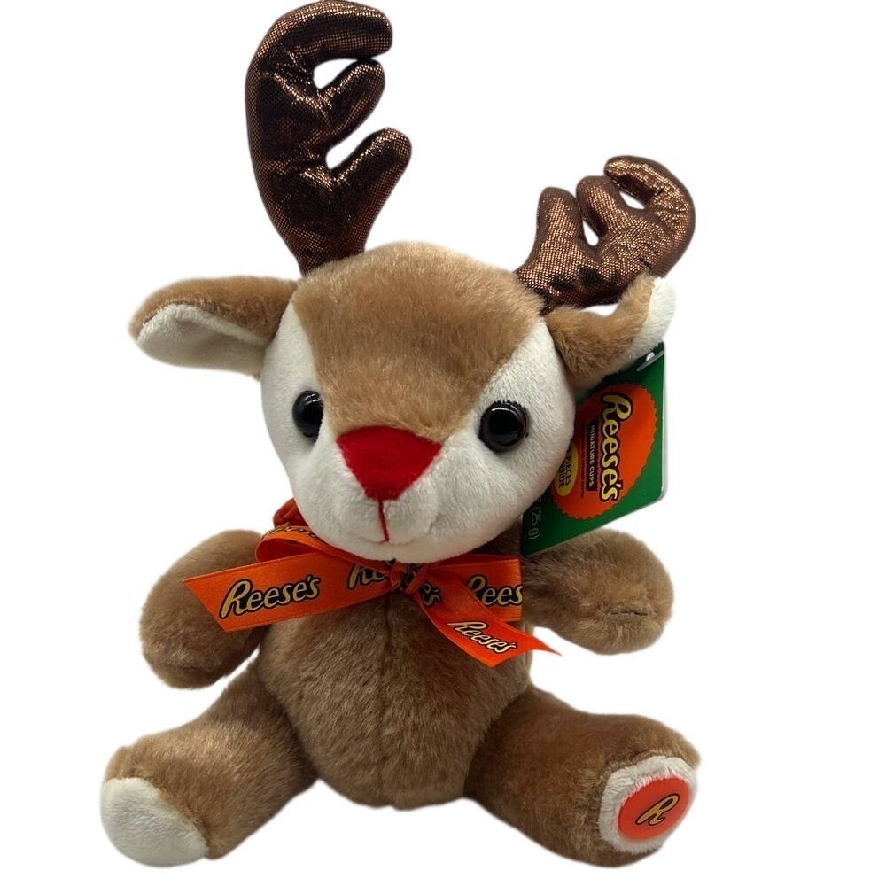 Reese's Reindeer Plush Hershey's Holiday Brown Deer Metallic Antlers Red Nose